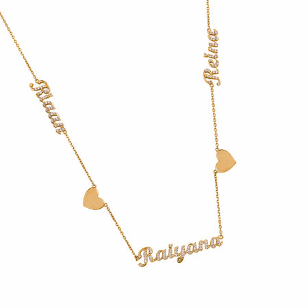 Three Diamond Names and Two Gold Hearts Necklace