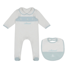 Load image into Gallery viewer, Organic Cotton Sailboat Sleepsuit &amp; Bib Set
